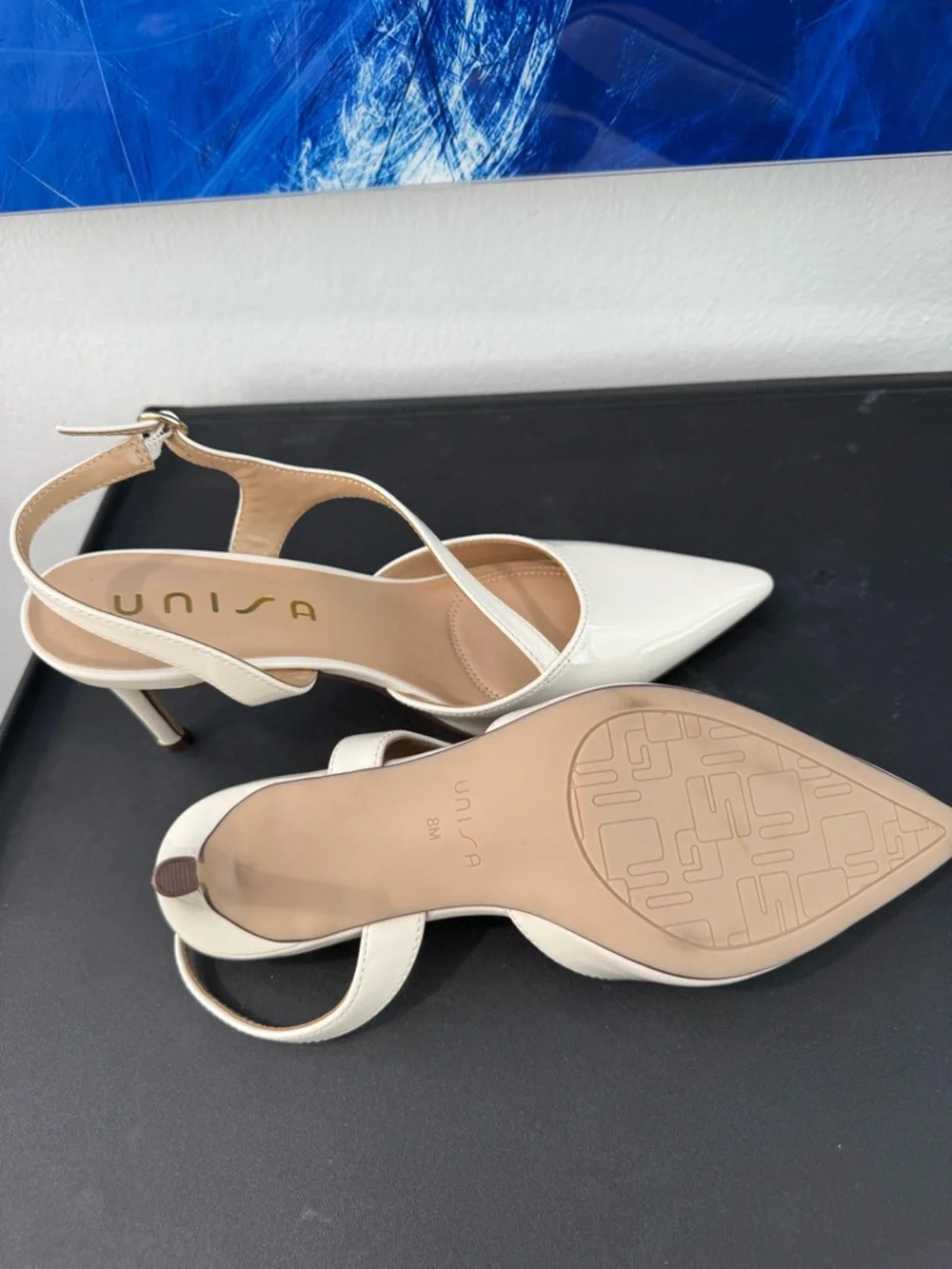 Unisa Cream Patent Pointed Toe Slingback Heels with Crisscross Strap - Picture 5 of 6